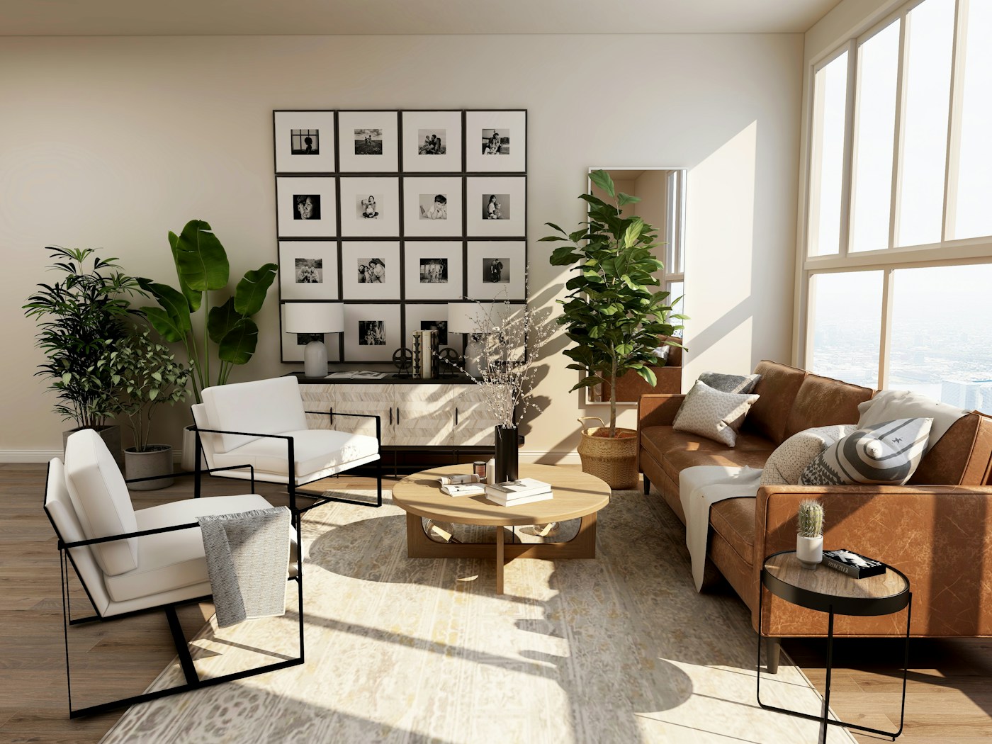 Bright, inviting living space with natural materials
